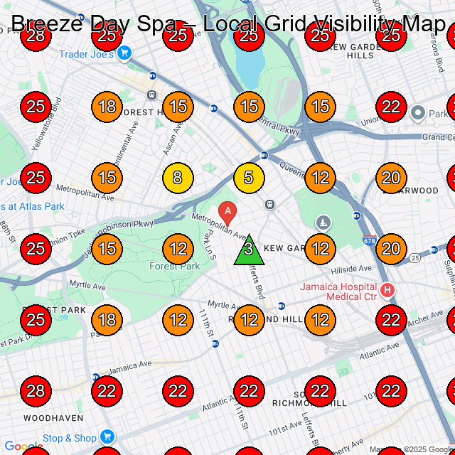Breeze Day Spa GeoGrid visibility map for Massage Spa in Forest Hills